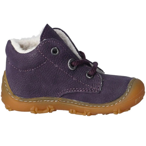 RICOSTA Knöchelschuh COLIN - lila, Lederstiefel mit Schnürung, pinken Nähten, weißem Fellfutter, braune Gummi-Sohle.