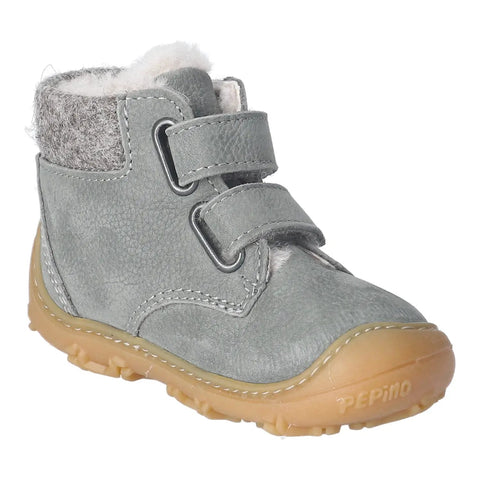 Schuh: RICOSTA Barfuß Knöchelschuh NICO - salbei, graues Leder, Fellfutter, zwei Klettverschlüsse, hellbraune Sohle