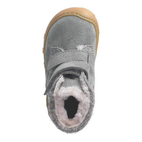 Ansicht von oben: RICOSTA NICO Barfuß-Knöchelschuh in Salbei, graues Obermaterial, beigefarbene Sohle.