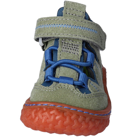 Side view of RICOSTA Barfußschuh Halbsandale JERRY in eukalyptus / blau, highlighting the flexible sole and adjustable straps