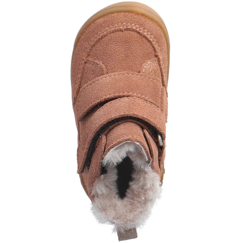 Draufsicht auf Ricosta CARE-TEX Knöchelschuh DOMI, cognac Veloursleder mit Klettverschluss und hellbrauner Sohle.