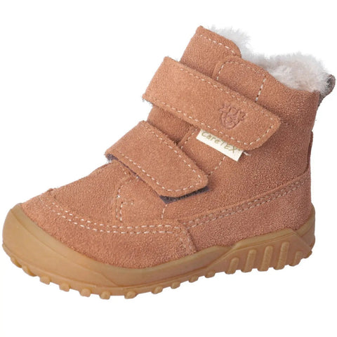 Seitenansicht des RICOSTA DOMI Knöchelschuh für Babys in cognac mit zwei Klettverschlüssen und brauner Gummisohle.