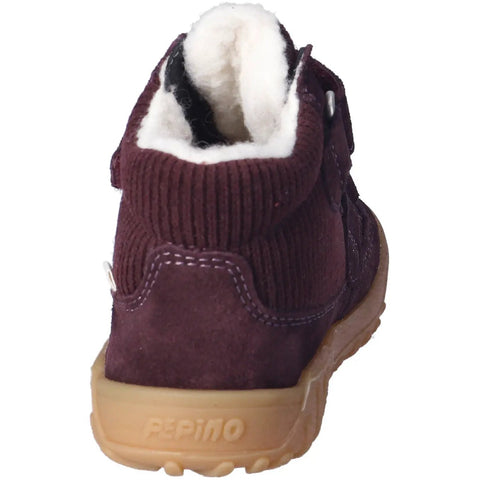 Seitenansicht des Ricosta Knöchelschuh DAVIS pflaume mit Strickkragen und beigefarbener Sohle.