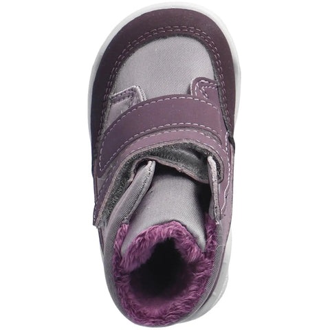 Ansicht von oben: Ricosta Sympa-Tex Stiefel MELINA in lila mit Klettverschlussriemen und violettem Fellfutter.
