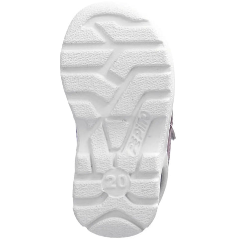 Unteransicht der weißen Ricosta-Schuhsohle mit Profilmuster, Größe 20 sichtbar.