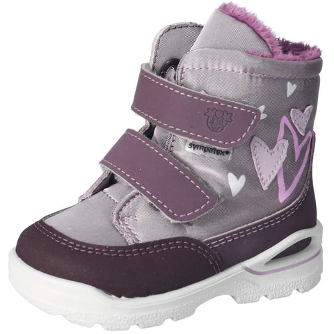 Seitenansicht des Ricosta Stiefel Modell MELINA in Lila, mit pinkem Innenfutter, Klettverschluss und weißer Profilsohle.