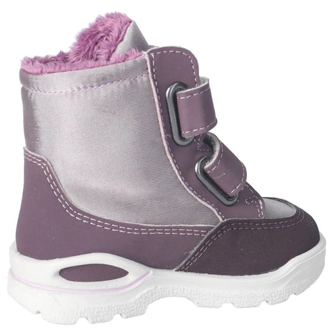 RICOSTA MELINA Stiefel, lila, mit pinkem Fellfutter, Klettverschluss, weiße Sohle.