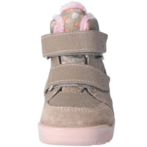 Vorderansicht des RICOSTA Stiefel MONIA, grau/rosa Streublümchen, pinke Sohle und Klettverschluss.