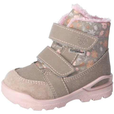 Seitenansicht des Ricosta Stiefel MONIA, grau-beiges Obermaterial, rosa Innenfutter, Klettverschluss, Streublümchen-Muster