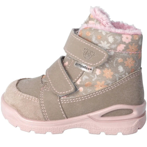 Stiefel MONIA – grau-beiges Obermaterial mit rosa Streublümchen, Klettverschluss, rosa Fellfutter.