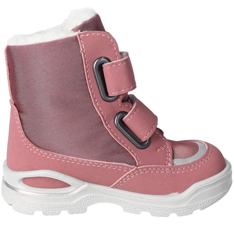 Seitenansicht: Ricosta ANKI Stiefel in Altrosa mit Klettverschluss, flauschigem Innenfutter und weißer Sohle.