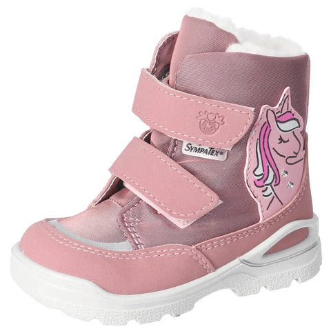 Seitenansicht: Ricosta Stiefel ANKI in Altrosa mit zwei Klettverschlüssen, Einhorn-Motiv und weißer Sohle