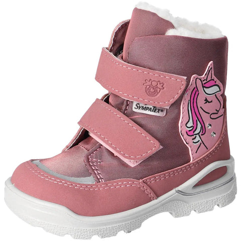 Seitenansicht des pinken Ricosta SYMPA-TEX BLINKER ANKI Stiefels in Altrosa mit Unicorn-Patch und Klettverschluss.