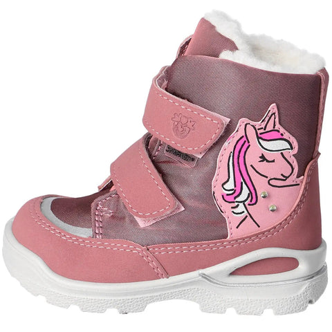 Seitliche Ansicht: Ricosta ANKI Stiefel in Altrosa, Einhorn-Aufnäher, weißes Fellfutter.
