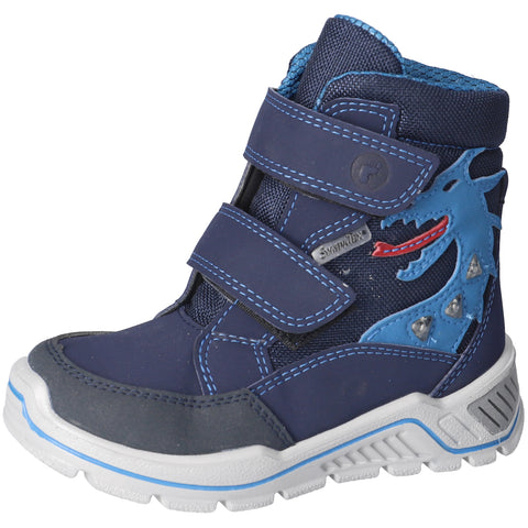 RICOSTA SYMPA-TEX BLINKER Stiefel GRISU in dark blue and ocean colors, featuring a dragon design - a high-quality, waterproof, and durable children's boot