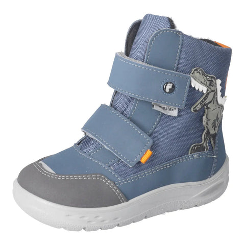 Detailaufnahme: Ricosta Stiefel NEVIS in Jeansgrau mit Dino-Aufnäher, Klettverschluss, grauer Zehenbereich, weiße Sohle