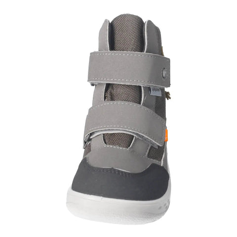 Vorderansicht des Ricosta Barfuß Blinker Stiefel NEVIS in Grau/Schwarz mit Klettverschluss und weiße Sohle