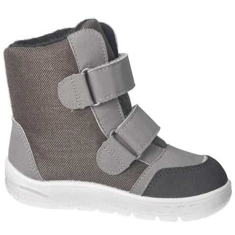 Seitenansicht des Ricosta Barfuß BLINKER Stiefel NEVIS in grau/schwarz mit grauen Klettverschlüssen und weißer Sohle