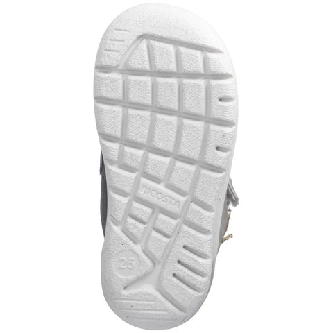 Schuhe: Unteransicht der weißen Gummi-Sohle eines Ricosta Schuhs mit gridförmigem Profil und Prägung.