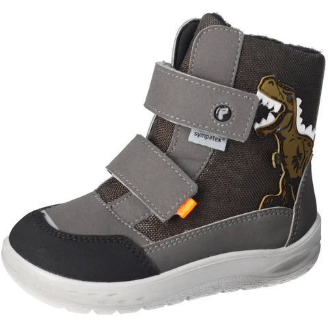 Seitenansicht des Ricosta Stiefel NEVIS in Grau/Schwarz mit Dino-Aufnäher und Klettverschlüssen.
