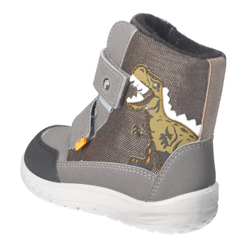 Seitliche Ansicht eines grauen RICOSTA SYMPA-TEX Barfuß BLINKER Stiefel NEVIS mit Dino-Motiv, Klettverschluss, weiße Sohle.