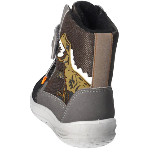 Seitenansicht des Ricosta SYMPA-TEX Barfuß Stiefel NEVIS in Grau/Schwarz mit Dino-Motiv und weißer Sohle.