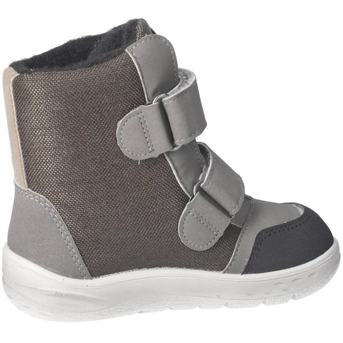 Schuhe Ricosta SYMPA-TEX Stiefel Nevis, Seitenansicht: grauer Stoff mit Klettverschluss, graue Details, weiße Sohle.
