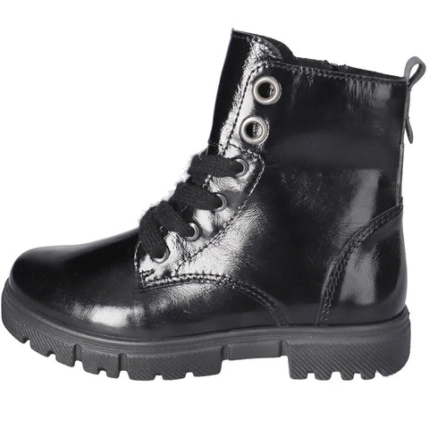 Schwarzer Ricosta TEX Stiefel SURI, glänzendes Obermaterial, Schnürung mit Metallösen, grobe Profilsohle