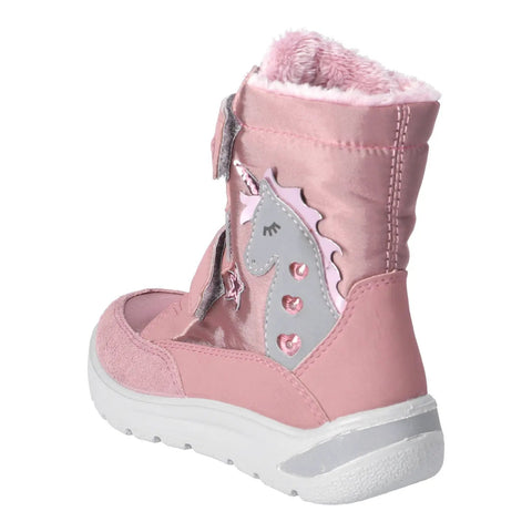 Schuhe: Ricosta ANNIKA Stiefel – pink, Einhorn-Applikation, Fellfutter, weiße Sohle.