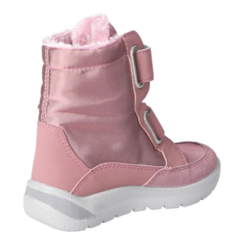 Seitenansicht des Ricosta ANNIKA Stiefel in Altrosa mit flauschigem Fellfutter und Klettverschluss-Riegel, weiße Sohle