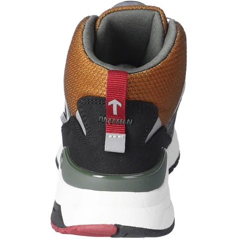 Rückansicht eines Ricosta TEX Knöchelschuh BOA SPIN; orange Obermaterial rotes Zugband graues Innenfutter grüne Sohle.