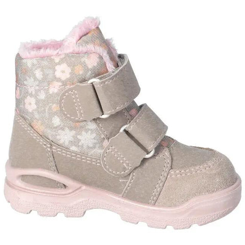 Seitenansicht des RICOSTA Stiefel Modell MONIA in grau/rosa mit Streublümchen, pinkem Fellfutter und Klettverschluss