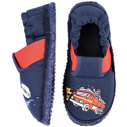 GIEßWEIN Hausschuhe AURICH in dunkelblau mit Feuerwehrauto-Design