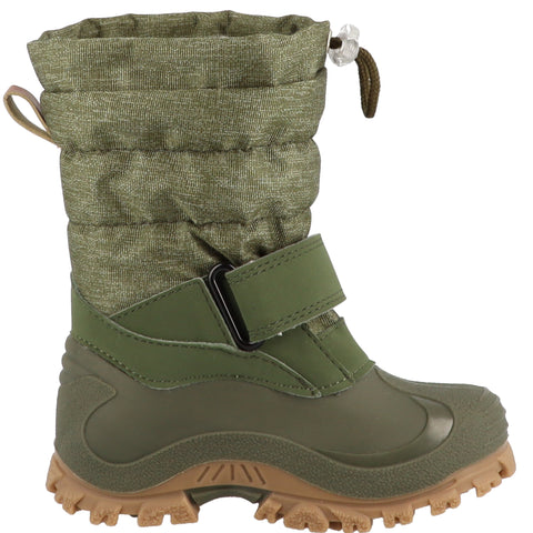 Nahaufnahme des Textils und Lederzusammenführung bei den LURCHI FINN Stiefeln in Oliv, betont hochwertige Verarbeitung