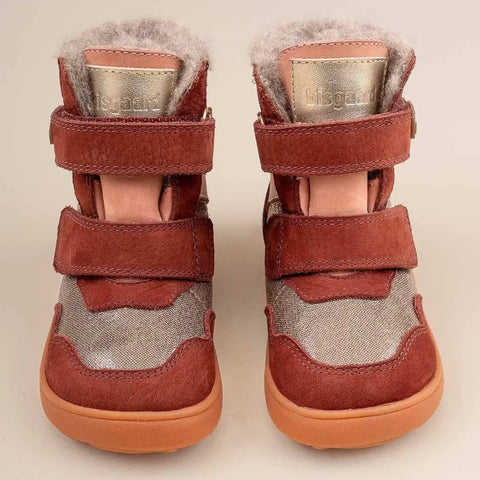 Vorderansicht eines Paares BISGAARD Barfuß TEX Stiefel für Babys & Kinder in beere/roségold, Velours mit Klettverschluss, orange Sohle