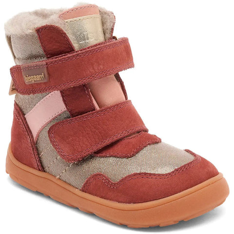 Seitenansicht des BISGAARD Barfuß TEX Stiefel Modell 64129-5115 in Beere, Roségold und Gold mit orangener Sohle
