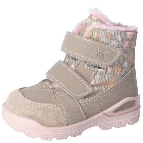 Seitenansicht des Ricosta Schuhe Modell MONIA, grau/rosa mit Streublümchen, Klettverschluss, rosa Sohle.