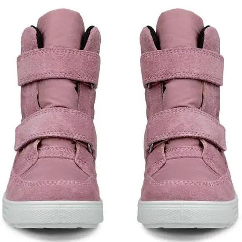 Vorderansicht des ECCO Stiefel URBAN SNOWBOARDER 722352-51550 in Altrosa mit Klettverschlüssen und weißer Sohle.