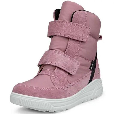 3/4-Ansicht der ECCO GORE-TEX Stiefel Urban Snowboarder 722352-51550 in Altrosa, zwei Klettverschlüsse, weiße Sohle.