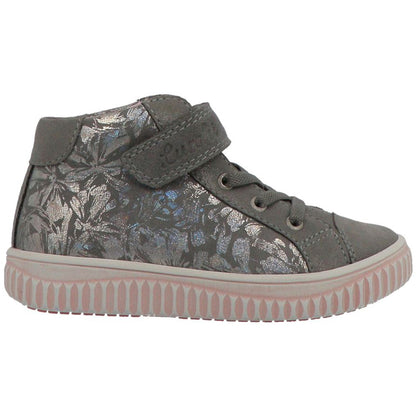 Gray and pink LURCHI Knöchelschuh YUVI with glittery flower accents, a stylish and comfortable option for kids' footwear