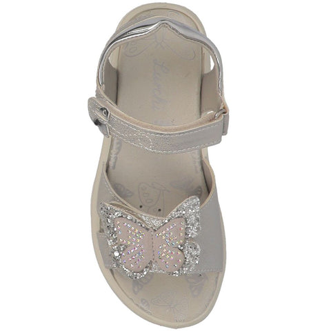 Silver glittery LURCHI sandal with butterfly design, perfect for summer