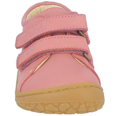 Light pink LURCHI Barfuß Halbschuh NORIK, a barefoot half shoe for kids, with durable rubber sole and adjustable hook-and-loop strap
