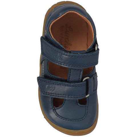 Alt text: LURCHI Barfuß Halbsandale NANDO in blue, a durable and comfortable children's sandal for active outdoor play and exploration