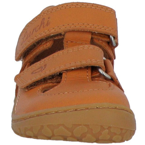 LURCHI Barfuß Halbsandale NANDO - braun is a sturdy, brown half-sandal for kids, perfect for outdoor adventures