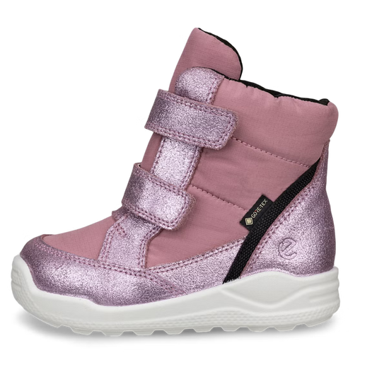 Dunkelblaue ECCO GORE-TEX Stiefel URBAN MINI 764801-51550 in Rosa und Metallic, wasserdicht mit Klettverschluss, aus Funktionstextil und Veloursleder, innen gefüttert mit Wolle, ideal für kleine Entdecker bei jedem Wetter