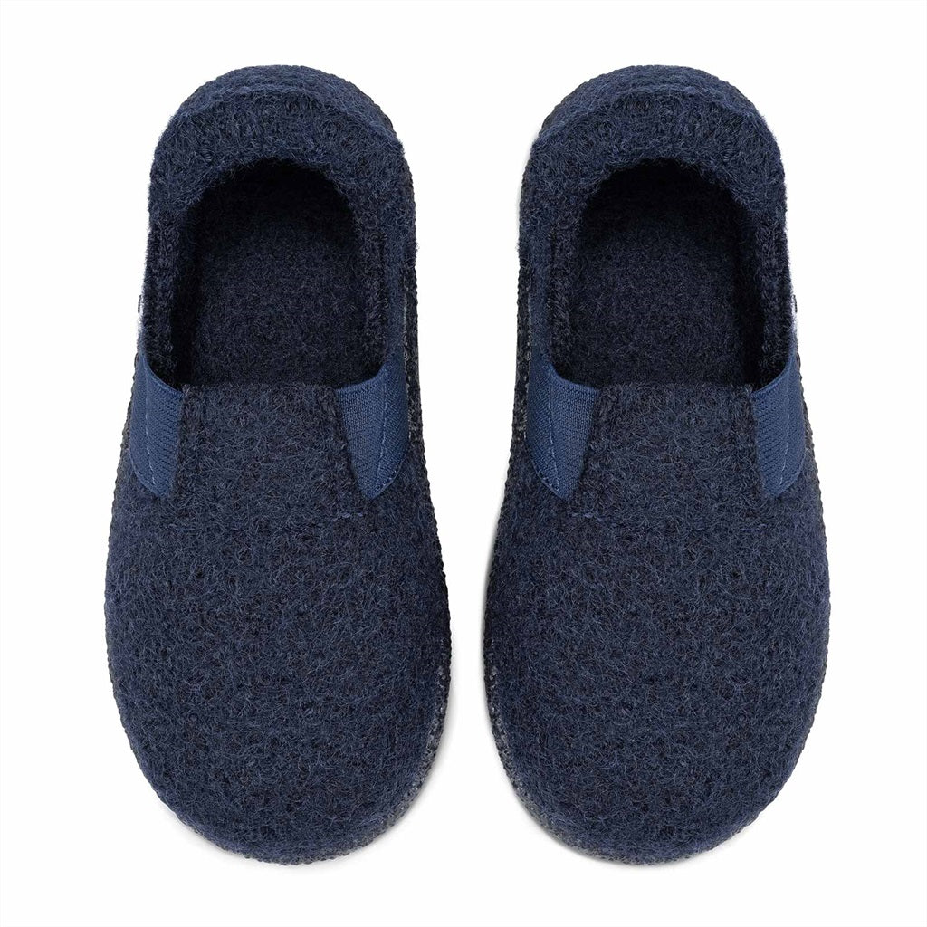 Bequemer NANGA Hausschuh aus dunkelblauem Filz und Bio-Wolle mit Klettverschluss