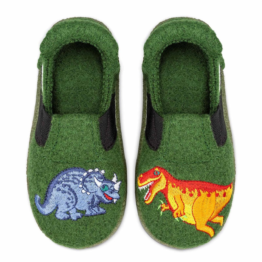 Weiche Hausschuhe von NANGA mit Dinosaurier-Design in moosgrün, ideal für Komfort und Wärme zu Hause