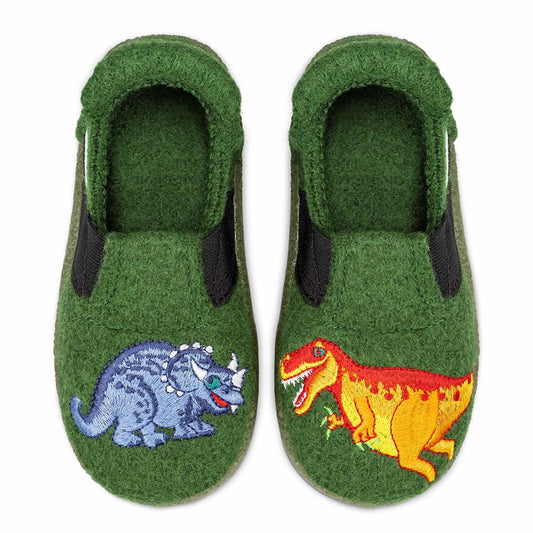 Weiche Hausschuhe von NANGA mit Dinosaurier-Design in moosgrün, ideal für Komfort und Wärme zu Hause