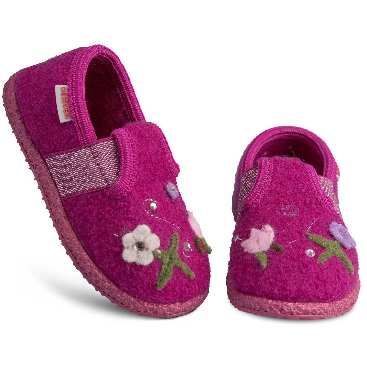 Giesswein Hausschuhe Thielheim in Traube mit blumigem Muster, komfortabel und warm für zuhause
