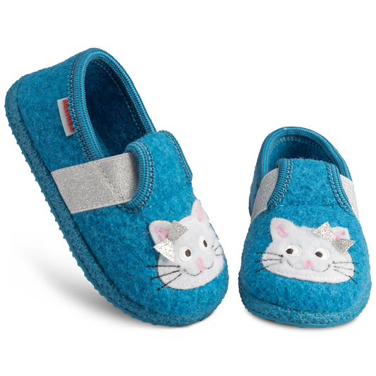 Weiche GIESSWEIN Hausschuhe TROSTADT in Türkis mit Katzenmotiv für bequemen Komfort zu Hause